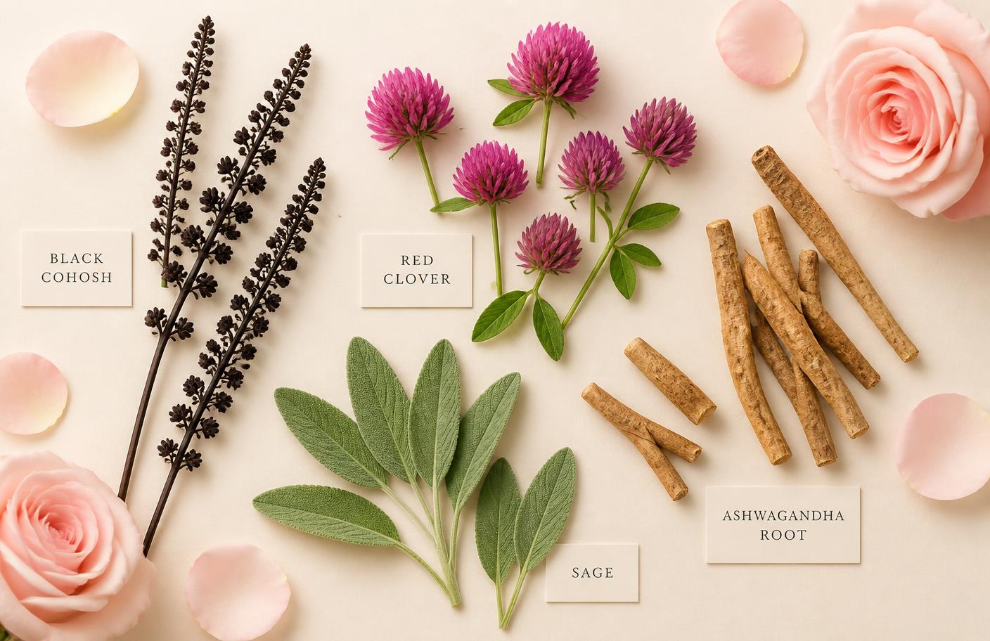 Black cohosh, red clover, sage and ashwagandha root laid out on a cream surface